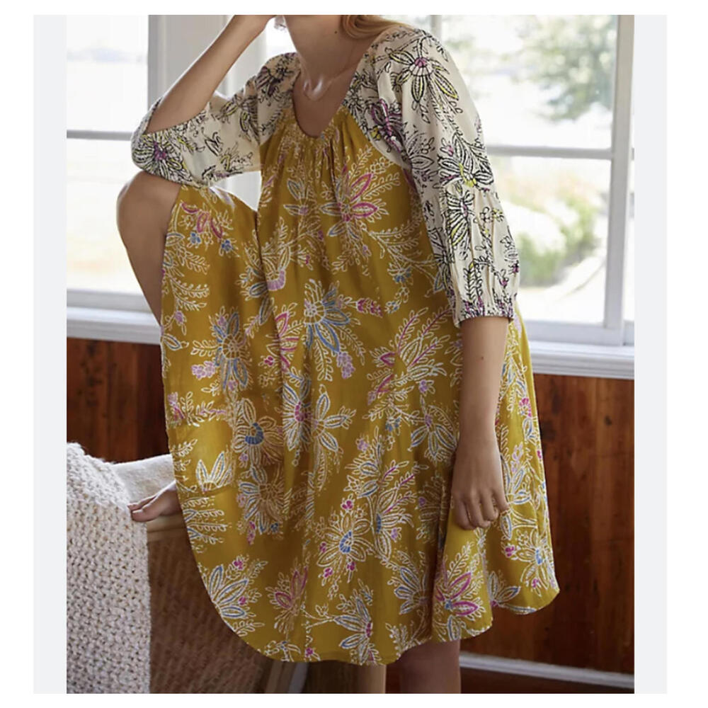 DAILY PRACTICE Anthropologie yellow floral long sleeve trapeze dress sz M